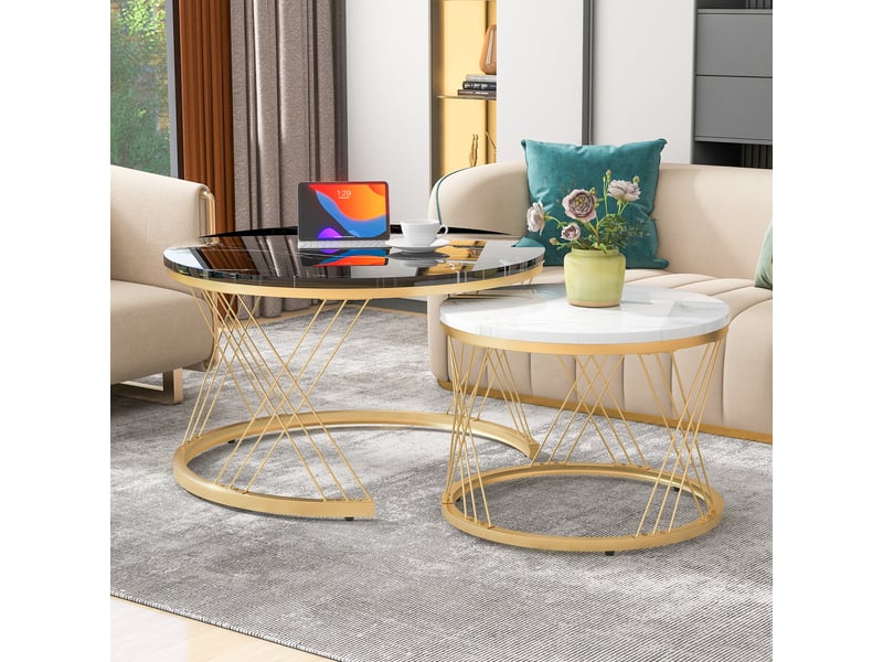  Ensemble de 2 tables basses gigognes modernes, en placage marbre, style gigogne, rondes, avec cadre doré.  - Conforama B