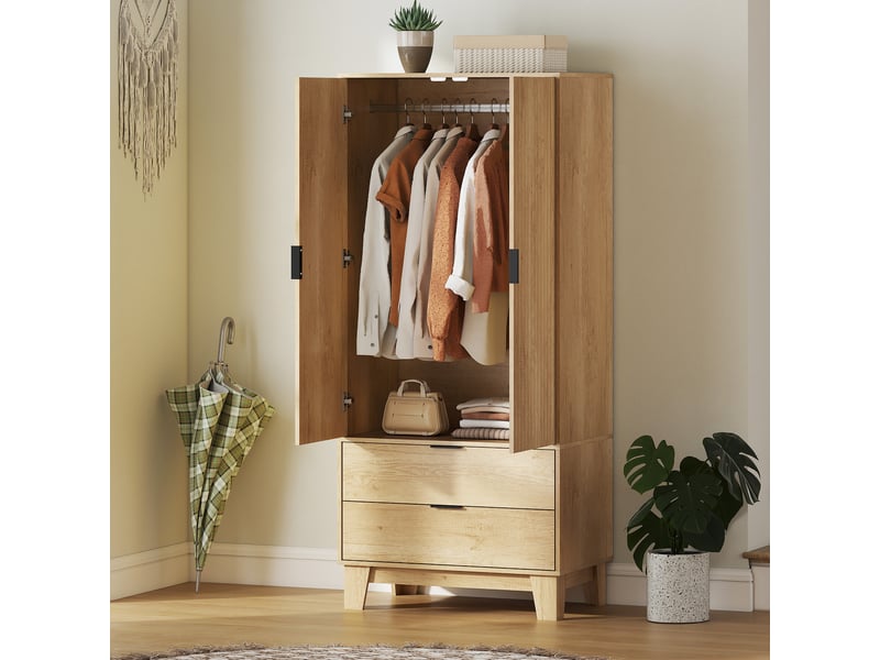  Armoire à 2 portes avec fermeture amortie, 2 tiroirs et tringle à vêtements, 80 x 50 x 180 cm, bois naturel  - Conforama D