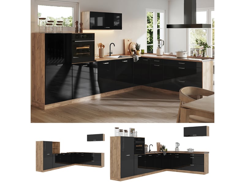 Vicco cuisine en angle, noir haute brillancechêne doré, 327 x cm plan de travail marbre  - Conforama E