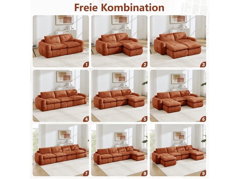  Canapé d’angle modulable 4 places en chenille orange – 334 x 160 x 68 cm Fay Lum - Conforama E