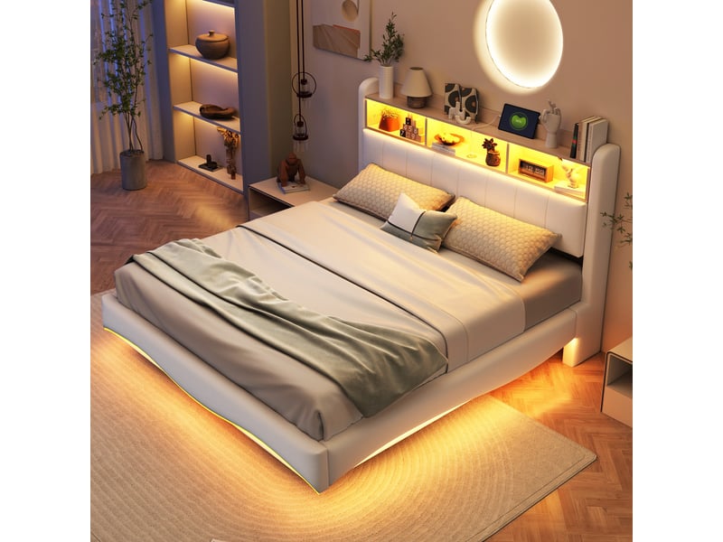  Lit double rembourré 160 x 200 cm effet flottant avec led, usbusb-c et rangement de tête de lit, tissu effet lin beige Fay Lum - Conforama D