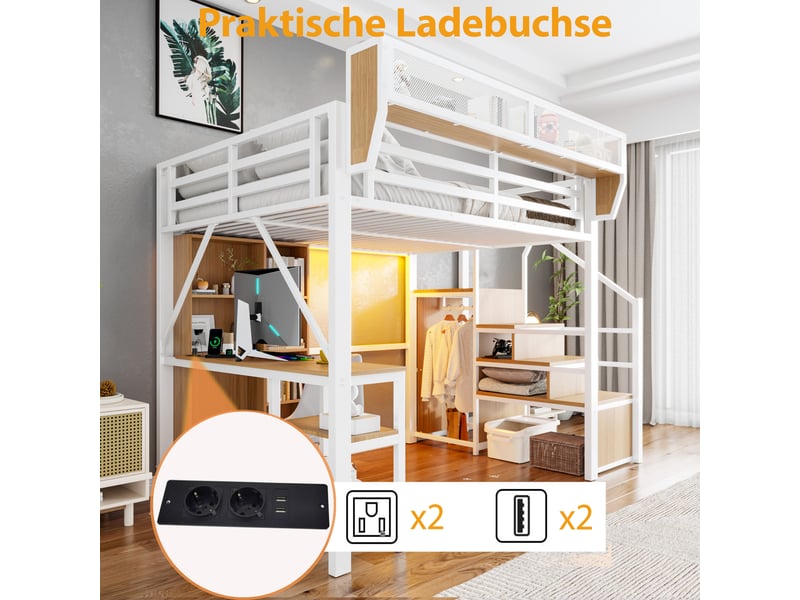  Lit mezzanine 140x200 cm avec escalier de rangement, bureau intégré, bibliothèque ouverte, étagère haute, led, prise et garde-corps, métal, blanc Morn Vibe - Conforama E
