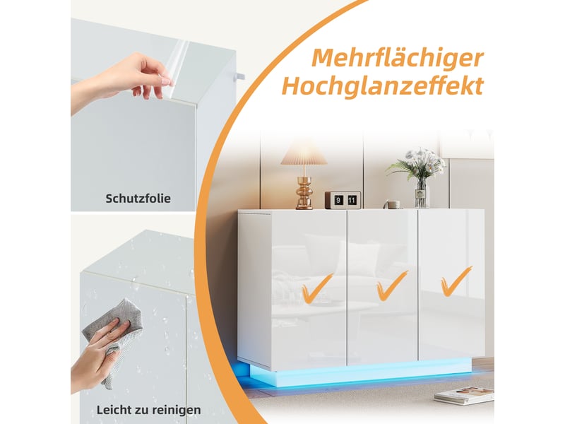Buffet bas blanc 120x40x75 cm - meuble rangement cuisine avec 3 portes haut gloss et étagères intérieures - Conforama D