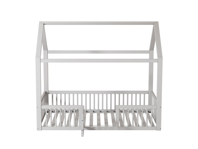 Lit cabane enfant 90x200 en bois massif blanc, lit maison avec petite porte et barrière de sécurité, sommier à lattes inclus pour chambre - Conforama R