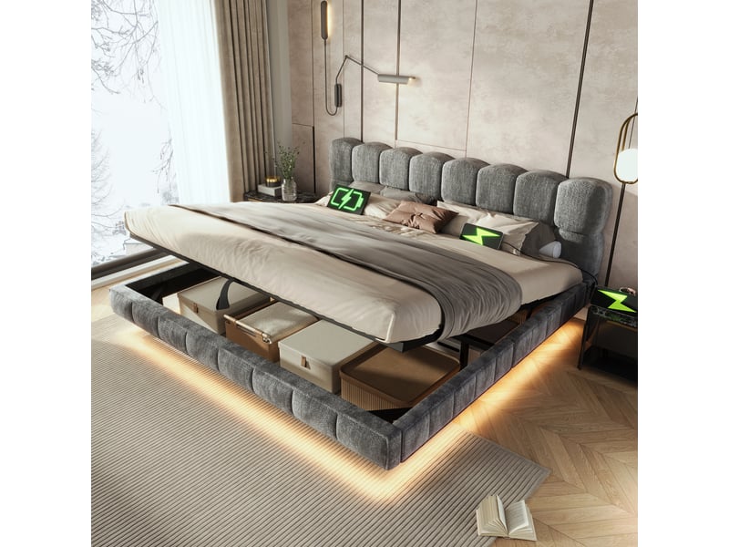 Lit coffre bubble en chenille gris 160x200 cm avec led, usb et type-c Fay Lum - Conforama B