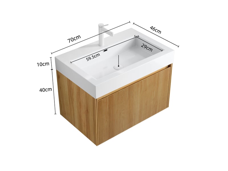  Meuble sous vasque avec tiroir led à fermeture douce - lpospi - vasque intégrée en résine bois naturel blanc  - Conforama D
