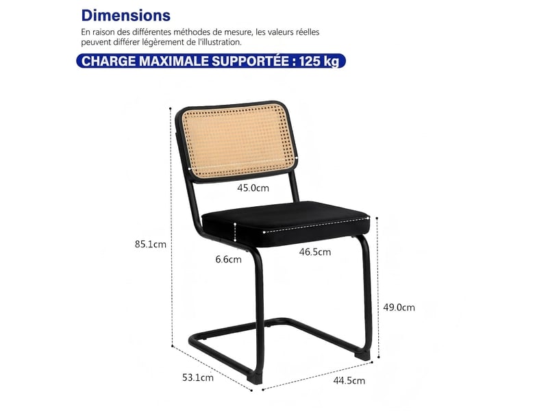  Chaises de salle à manger lot de 4 en velours et rotin, pieds chromés, style moderne mid-century, 53x46.4x84.6 cm  - Conforama C
