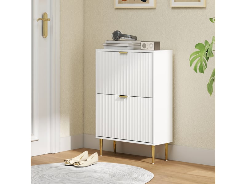  Étagère à chaussures étroite pour 12 paires de chaussures, avec 2 tiroirs à rabat et étagères réglables, 60 x 24 x 91,5 cm, blanche  - Conforama C