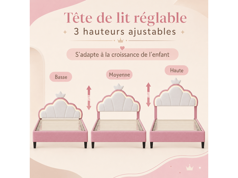 Lit capitonné 90 x 190 cm, lit enfant avec sommiers à lattes et dossier,cadre de lit pour fille, lit enfant 90x190 cm, lumière led, lit fille avec tête de lit réglable en hauteur, décor couronne, lit rembourré enfant, 1 person… - Conforama E