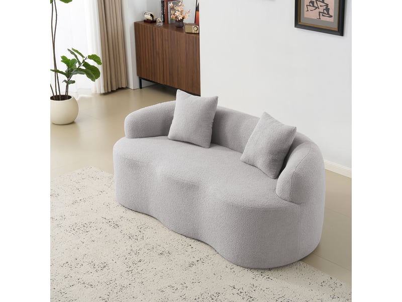  Canapé 2 places courbé en tissu bouclé – canapé compression avec coussins inclus, assise confortable, mousse haute résilience – gris clair  - Conforama C