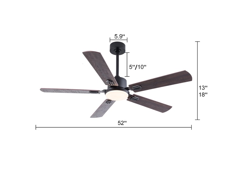 Ventilateur de plafond avec lampe, ventilateur silencieux avec télécommande pour salon chambre, en métal et bois 132 cm 5 pales, noir et noyer foncé  - Conforama E