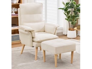Fauteuil 85x78x112 cm, fauteuil salon avec repose-pieds, dossier réglable 5 positions, ergonomique, bois et lin, beige