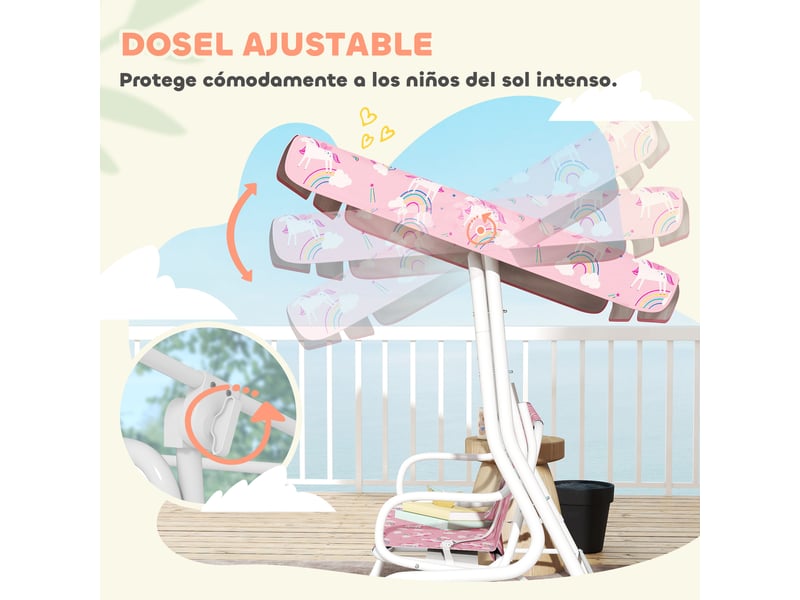  Balançoire de jardin pour enfants, 2 places, auvent réglable, ceintures de sécurité, motif licorne arc-en-ciel rose  - Conforama E
