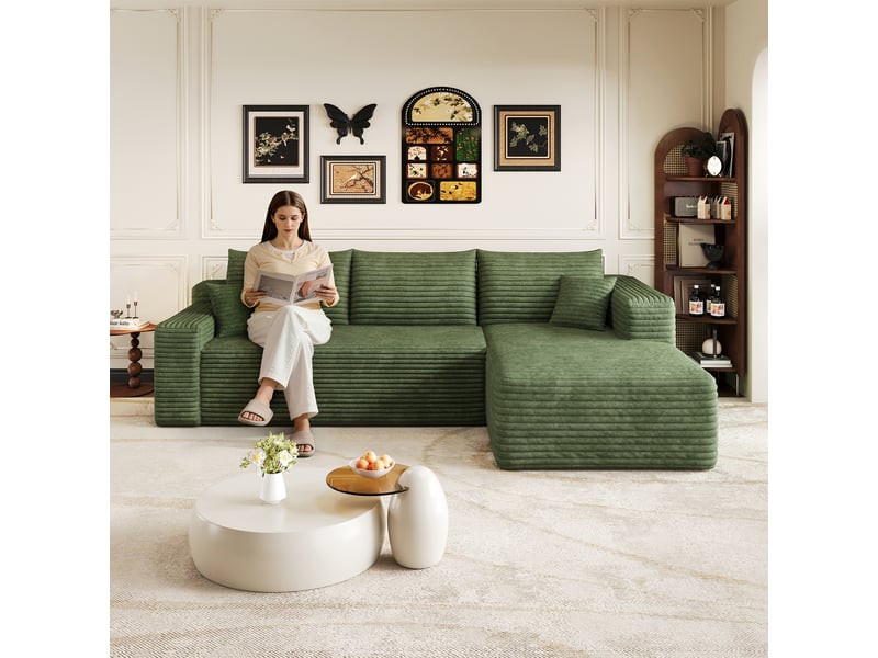  Canapé d’angle vert en velours côtelé, canapé 3 places en l de 241 cm avec méridienne, mousse haute élasticité, salon  - Conforama E
