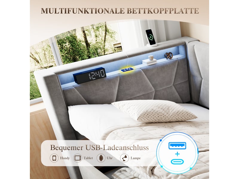  Lit coffre 90x200 cm, lit enfant, sommier à lattes, rangement hydraulique, led, usb et usb-c, velours gris foncé  - Conforama R