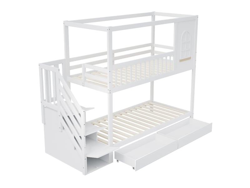 Lit superposé enfant 90x200 cm – blanc et bois naturel – escalier à rangements et 2 tiroirs - sans matelas - Conforama D