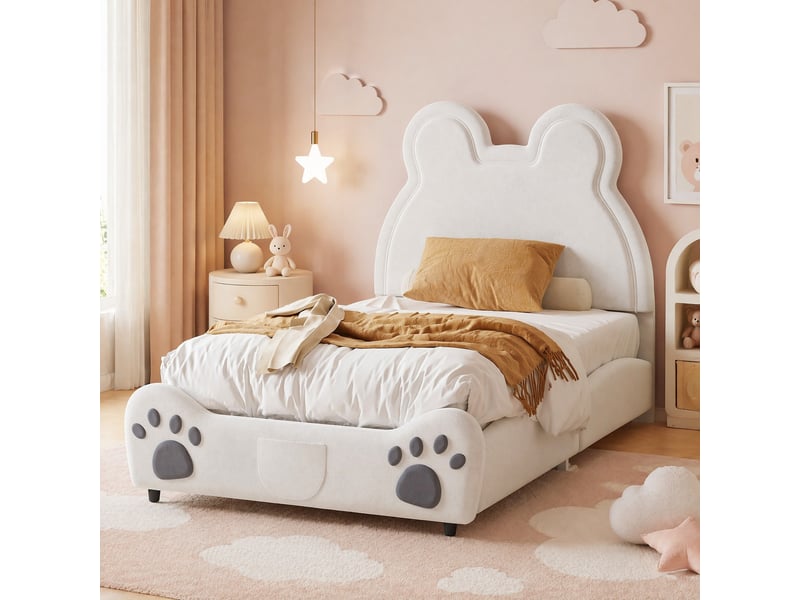 Lit enfant capitonné forme d’ours 90x200 cm en velours blanc - Conforama B