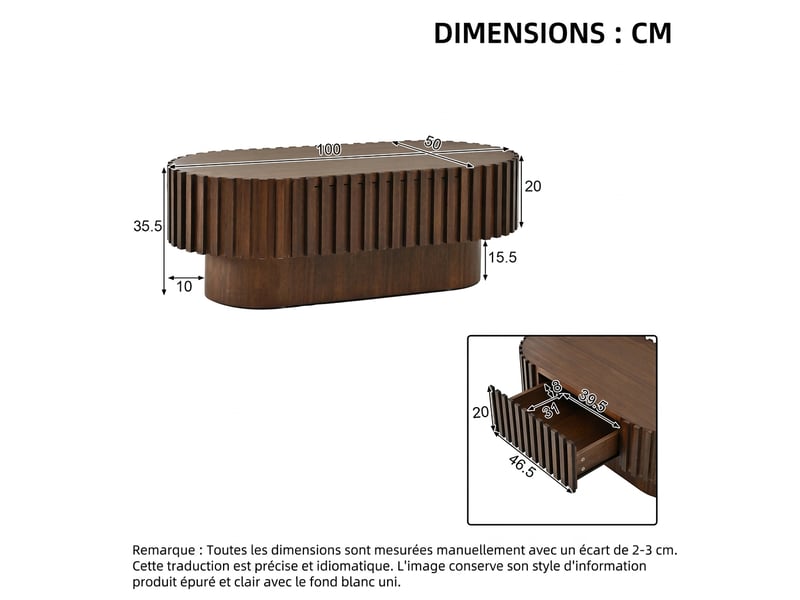  Table basse ovale avec tiroir 100x50x35,5 cm - design à lattes verticales couleur noyer  - Conforama C