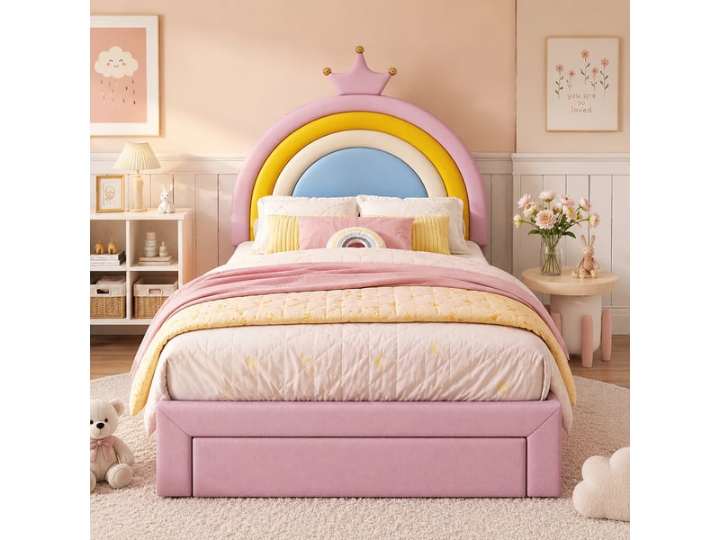  Lit rembourré pour enfants 90x200cm - avec 1 tiroir - tête de lit arc-en-ciel - hauteur de tête de lit réglable - pu - rose (sans matelas)  - Conforama D