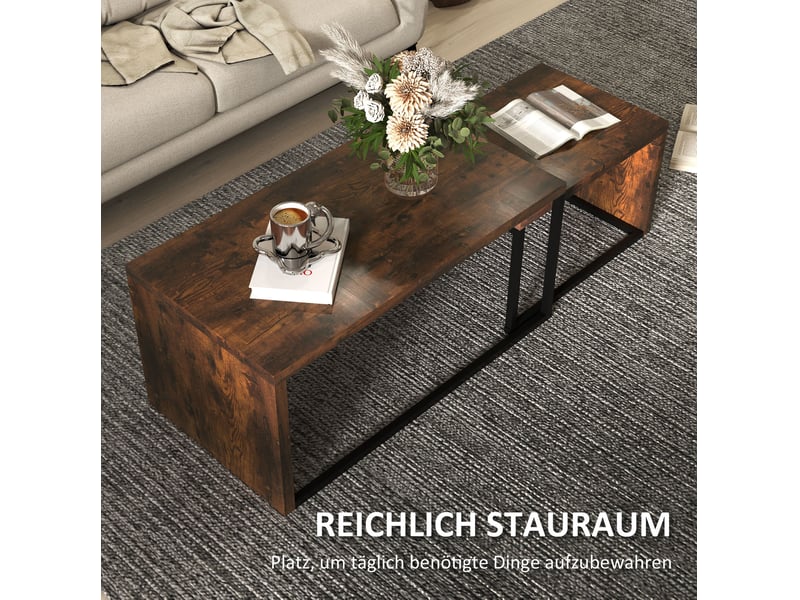  Tables basses gigognes avec 2 plateaux, structure métallique, forme compacte, pour salon, bois rustique et noir  - Conforama E