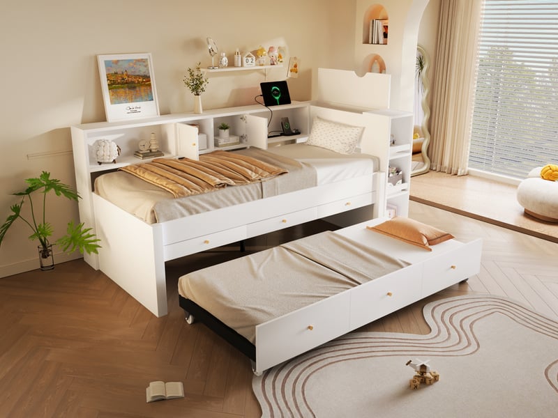 Lit enfant 90 x 200 cm avec port de charge usb, 3 tiroirs et lit d'appoint gigogne, lit avec rangement, blanc - Conforama B