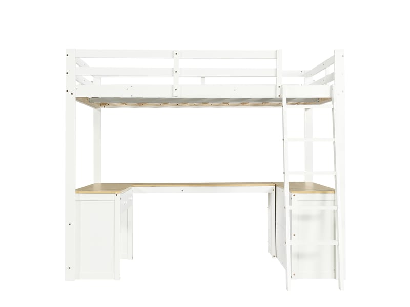 Lit mezzanine enfant 140x200 cm – blanc et naturel – bureau en u, 2 tiroirs et étagère intégrée - sans matelas - Conforama D