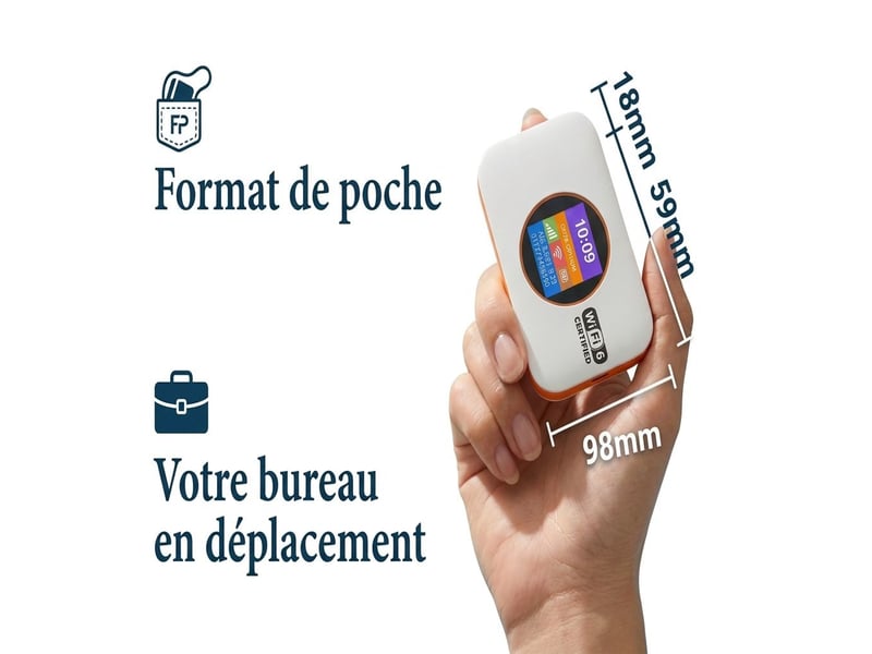 Routeur 4g lte mobile wifi 6 300 mbps – hotspot portable de poche batterie 3000 mah autonomie 10h, écran lcd couleur, 10 appareils connectés europe et asie – blanc et orange  - Conforama E