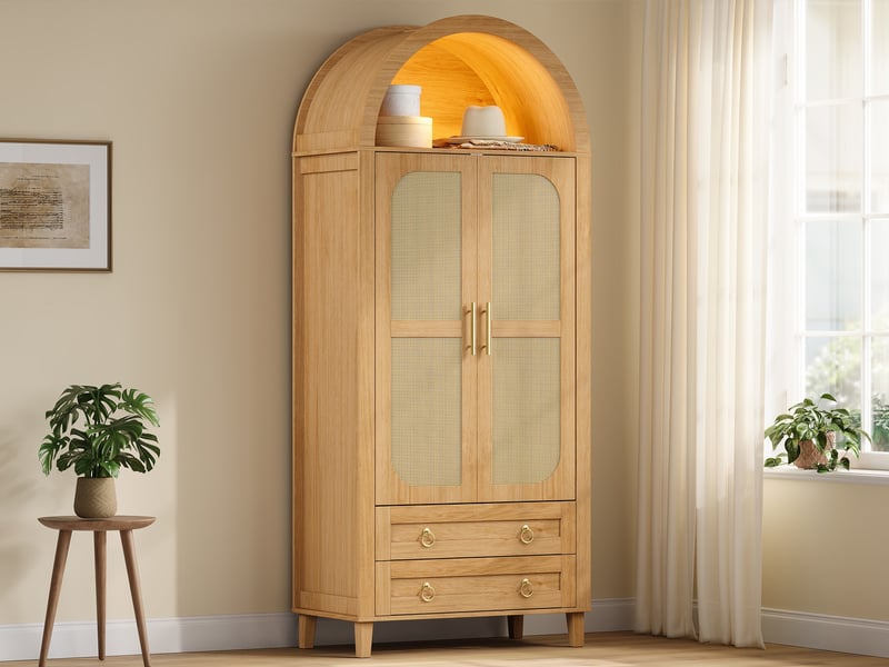  Armoire cintrée led pilotée par appli, porte rotin, penderie, 2 tiroirs, pb – 76×50×184 cm, naturel  - Conforama B