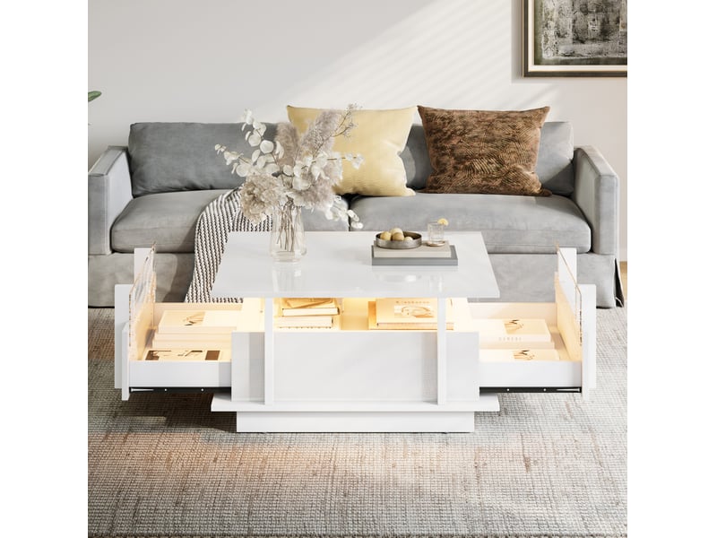  Table basse carrée 70 x 70 x 35 cm led, 2 tiroirs, panneau de particules blanc  - Conforama D