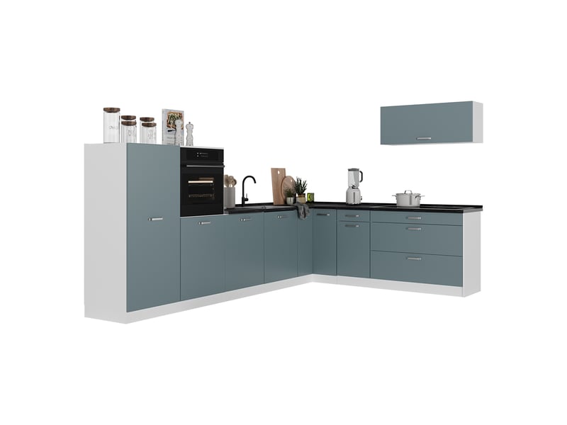 Vicco cuisine en angle, bleu-grisblanc, 327 x cm plan de travail chêne doré - Conforama E