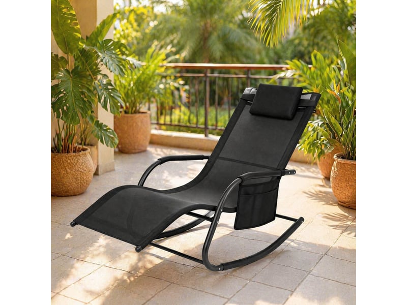 Chaise longue à bascule,152x62x83 cm,avec poche,métal et polyester,noir - Conforama B