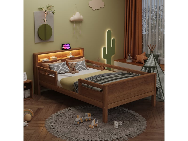  Lit simple 90x200 cm, lit enfant, led, port usb, tête de lit avec rangement, bois de pin bois naturel  - Conforama D