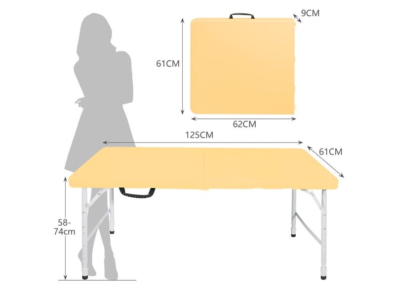  Table de jardin pliante réglable avec poignée et pieds en acier pour pique-nique, repas et réception en intérieur, jaune  - Conforama C