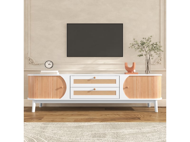  Meuble TV 170x39,5x46 cm avec portes, tiroirs et côtés en cannage, rangement de salon, structure MDF - Blanc et naturel Fay Lum - Conforama E