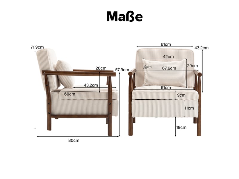 Fauteuil simple 80x61x71.9 cm, assise avec rangement, structure en bois, tissu velours, canapé 1 place, blanc et brun  - Conforama C
