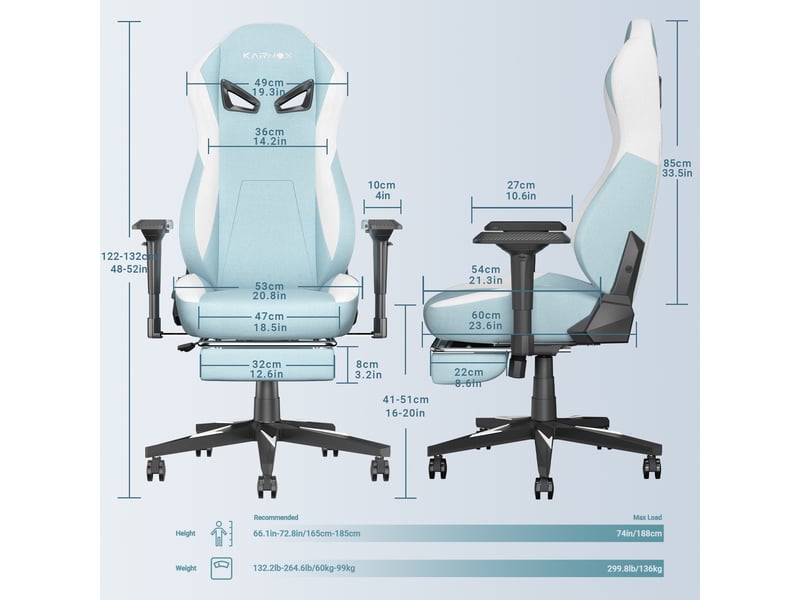 Chaise de bureau gaming ergonomique inclinable - lpospi - appui-tête, accoudoirs 4d, tissu - bleu clair - Conforama D