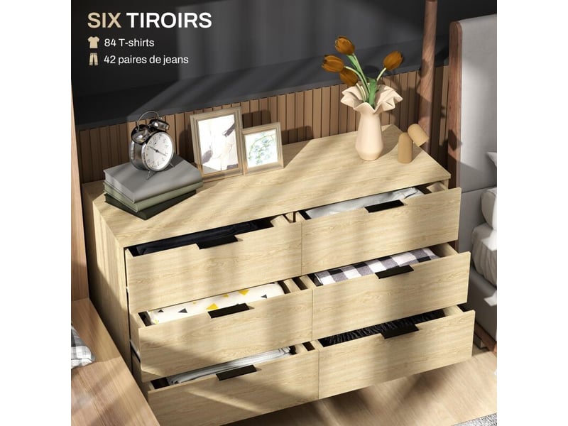  Commode 6 tiroirs commode moderne pour chambre à coucher avec design anti-basculement 110l x 40l x 75h cm aspect bois  - Conforama D