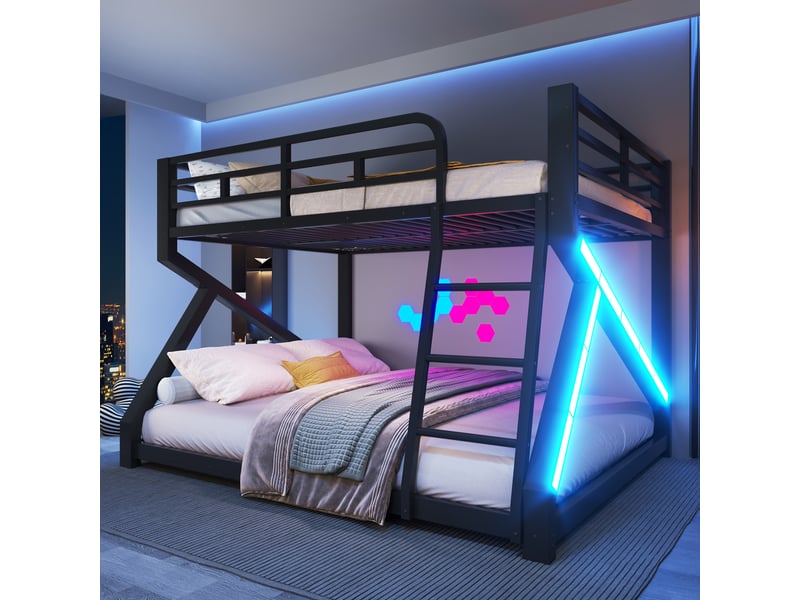  Lit superposé 140x200160x200 cm, 2 couchages, métal noir renforcé, led, garde-corps, échelle, hauteur 146 cm, gain de place, chambre enfant  - Conforama B