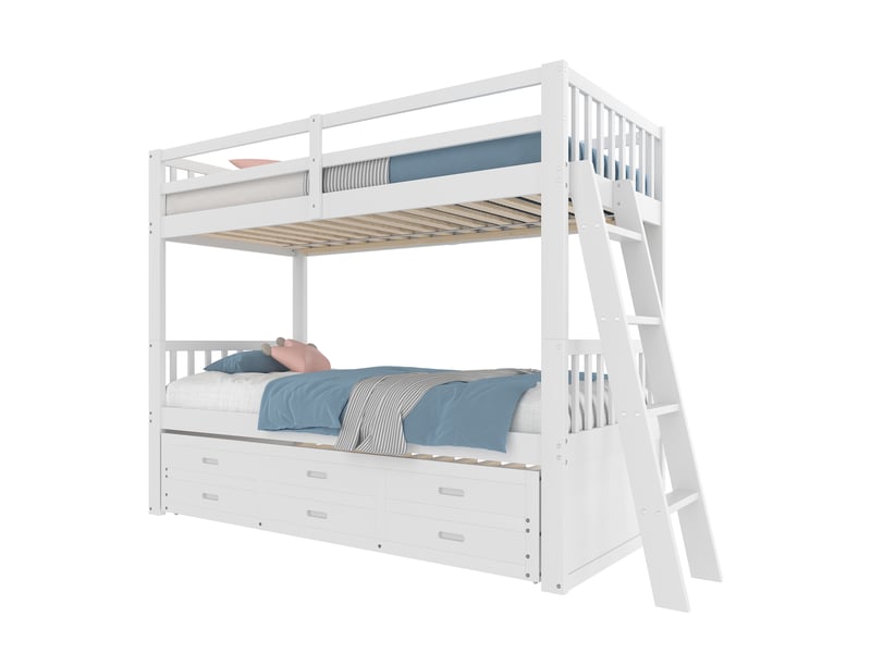  Lit superposé enfant 90 x 200 cm avec lit gigogne et 3 tiroirs, blancgris  - Conforama A