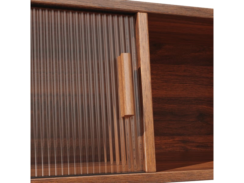  Buffet cuisine haut 174x140 cm, armoire rangement avec portes coulissantes verre et 3 tiroirs, design moderne bois et métal couleur noyer  - Conforama E