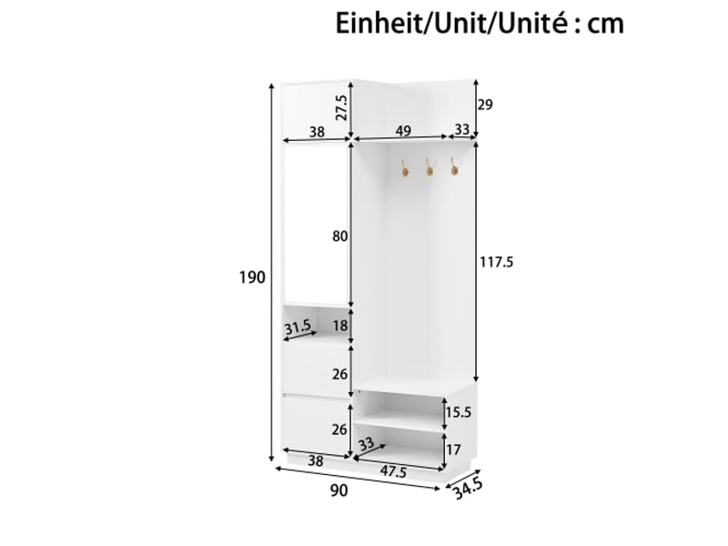  Garde-robe d'entrée compacte avec miroir et banc – meuble d'entrée tout-en-un, patères et porte-chaussures  - Conforama C