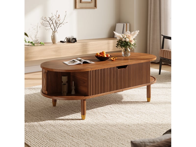 Table basse relevable ovale avec rangement, 2 portes coulissantes, pieds en bois pour salon, noyer 110 × 48 × 57 cm  - Conforama E