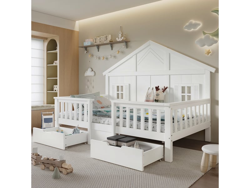 Lit cabane enfant 90x200 cm - avec 2 tiroirs - avec des balustrades et des fenêtres - bois massif + mdf - blanc (sans matelas)  - Conforama E