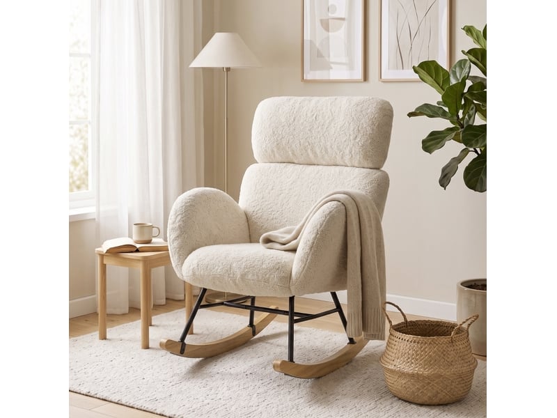  Fauteuil à bascule avec appuie-tête réglable 90x71x100 cm en velours blanc crème  - Conforama E
