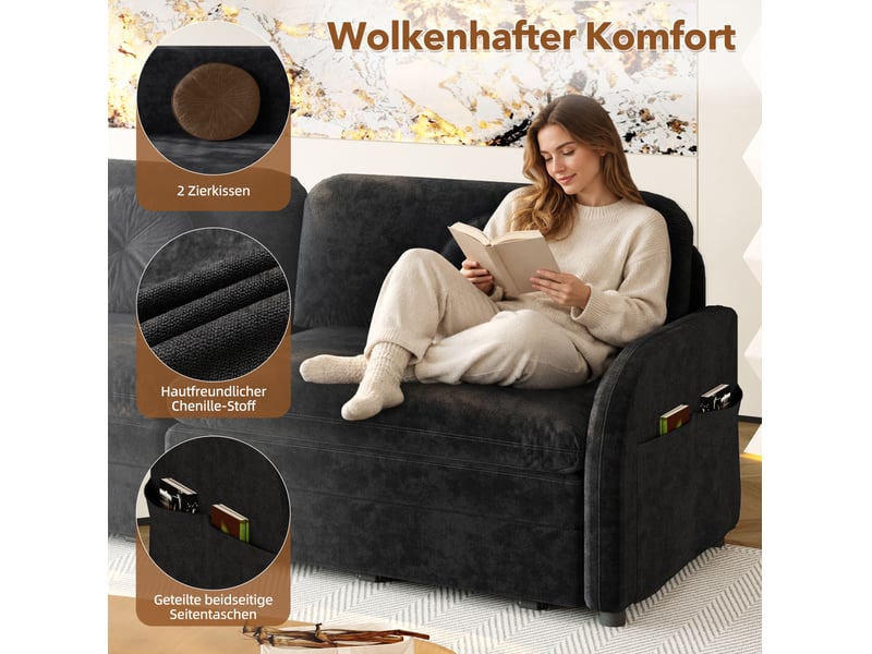  Canapé droit convertible 3 places noir en tissu, couchage 3-en-1 avec rangements latéraux pratiques  - Conforama D