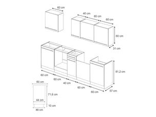 Vicco cuisine, blanc campagneblanc, 280cm plan de travail chêne doré
