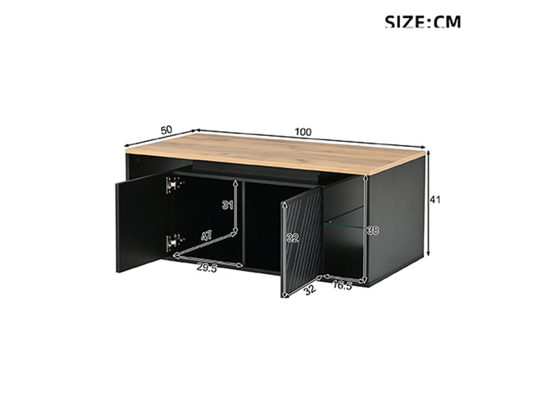  Table basse 100x50x41 cm noire avec led, 2 portes à motif diagonal et rangement semi-ouvert Fay Lum - Conforama C