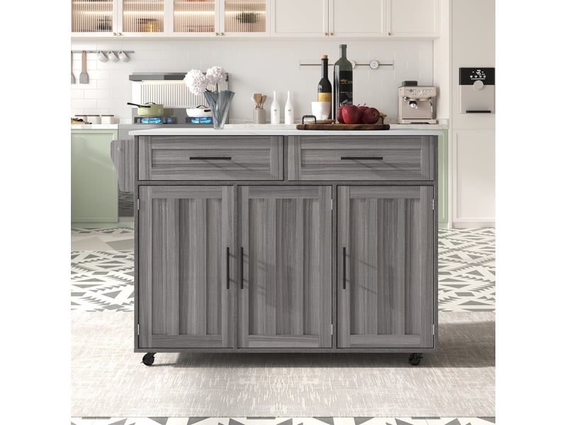  Desserte de cuisine 129 x 46 x 91,5 cm extensible, mdf gris et blanc à roulettes  - Conforama E