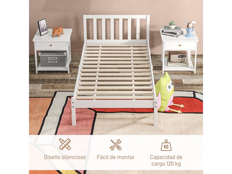  Lit simple bois 90x190 avec tête de lit, cadre de lit blanc en pin 198x96x70 cm  - Conforama W