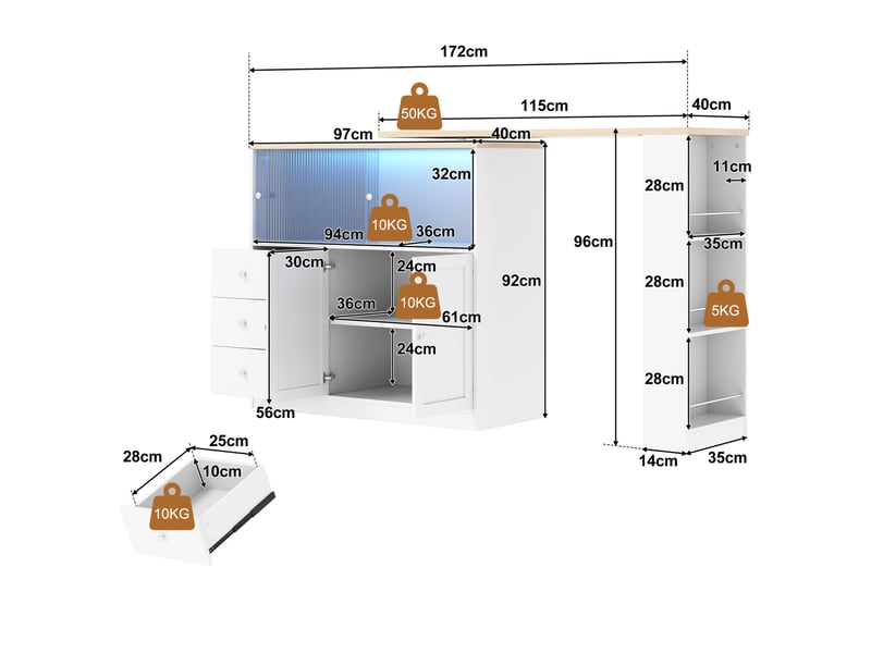  Îlot de cuisine plateau extensible avec 3 tiroirs et 4 portes 172x40x96 cm, roulettes verrouillables, pivotant en mdf c  - Conforama C